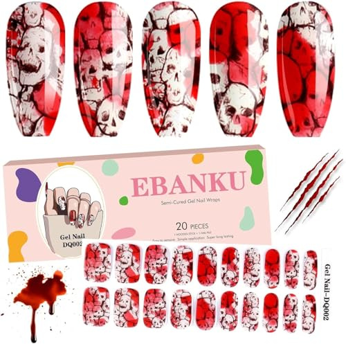 EBANKU Semi-cured Halloween Gel Nail Stickers, 20PCS Halloween Nail Gel Polish Strips Waterproof Self-adhesive Skull Real Nail Polish Stickers for Women Girls (No UV Lamp Required)