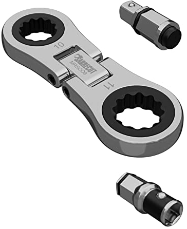1 x SabreCut MRSC09 Dual Drive Flex 10mm und 11mm kleine Mikro-Ratsche mit 6.3mm (1/4 Zoll) Sechskant- und 1/4 Zoll Vierkant-Antriebsadaptern kleiner Handratschenschlüssel aus Edelstahl 72 Zähne