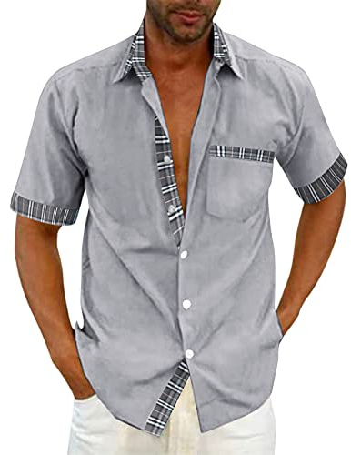 Chemise Homme Manches Courtes avec Poches, T-Shirts à Manches Courtes Homme Col Revers,Button Down Haut Homme Ete de Mode à Patchwork Carreaux Tops Simple Couleur Unie Blouse De Plage Tunique