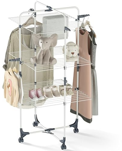 SYKIARIOL Wäscheständer, 3-stufiger zusammenklappbarer Wäscheständer mit Rädern und 4 Haken, für den Innen- und Außenbereich, für Bettwäsche, Kleidung, Socken, Schals Weiß