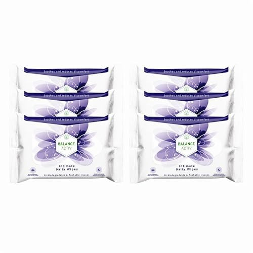 Balance Activ Intimate Wipes, Biodegradable, Flushable & pH Balancing, Natural Extracts of Aloe Vera, Mallow & Calendula to Soothe & Reduce Discomfort, 20 Wipes (Pack of 6)