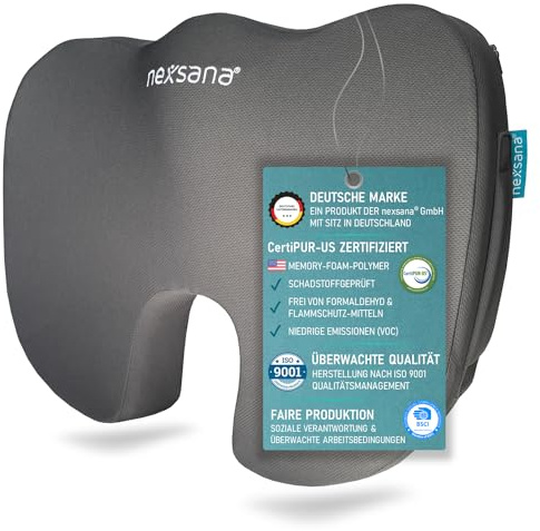 nexsana® Cojín ortopédico para silla, coche y oficina, para hemorroides y ciática para aliviar la tensión de glúteos, coxis y columna vertebral, espuma viscoelástica certificada y tejido transpirable