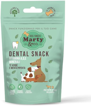 Marty & Co - Snack dentaire- Biscuit- Améliore l'halitose et prévient et élimine le Tartare -pour chien et chat -Avec menthe poivrée, thé vert, vitamine A, charbonvégétal actif - gr 80