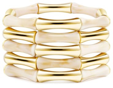 Gold Tube Bangle Bracelets for Women Stackable Bamboo Chunky Acrylic Beads Stretch Friendship Summer Beach Bracelet Jewelry