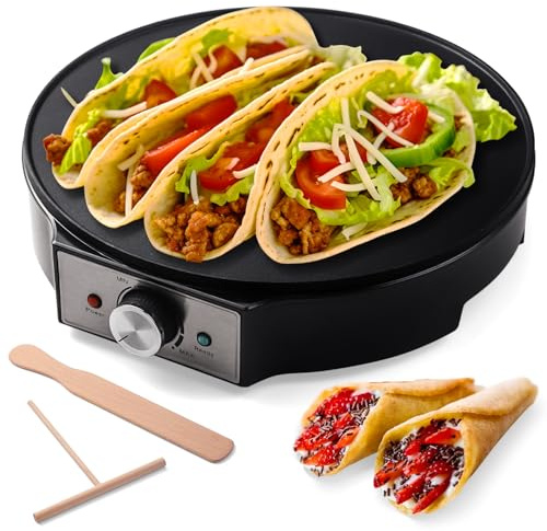 UVFAST Electric Crepe Maker 12'' & Griddle - Non-Stick Pan With Spreader for Roti, Tortilla, Blintzes, Pancakes - Adjustable Temperature, 1000W