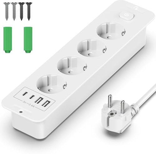 4-Fach Einbau steckdosenleiste(4000/16A),Einbausteckdose Mehrfachsteckdose 2 USB-A und 2 Type-C,Tischplatte Versenkte Steckdose für Tische und Möbel,2M Kabel,Weiß