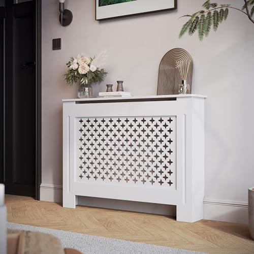 SIRHONA - Funda radiadora, diseño de panal, MDF lacado blanco, 112 x 19 x 81,5 cm, puede colocar decoraciones, adecuadas para el salón, el dormitorio, el pasillo