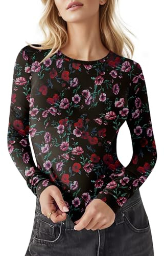 IECCP Women's Mesh Slim Fit Crop Tops Sexy Black Long Sleeve Sheer Tight T-Shirt Party Going Out Tops Black with Pink Flowers M