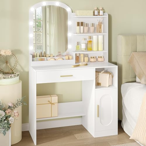 HEXCELEN Dressing Table with Oval Mirror, Dressing Table with LED Lights, Adjustable Brightness, Vanity Desk with Drawer, Cabinet and Open Compartments, Modern Bedroom Dresser, White
