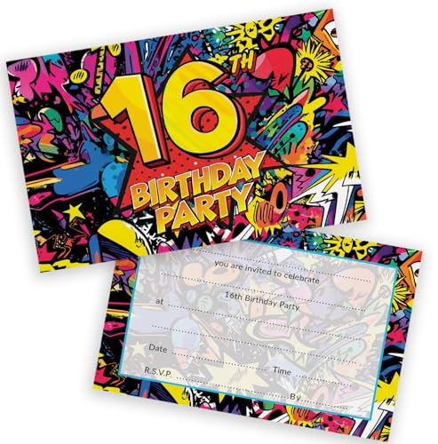 Stuff4 16th Birthday Party Invitations Kids, Comic Book Style 20 Pack | Childrens Birthday Invitations for Boys/Girls A6 Bday Party Invites Invitation Cards with Folding Envelopes