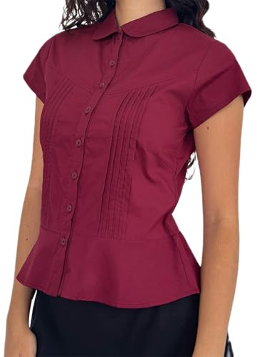 Women's Basic Button Down Shirts Cap Sleeve Lapel Collar Tight Blouse Tie Up Back Slim Fit Tops Summer Office Shirt (G-Burgundy, M)