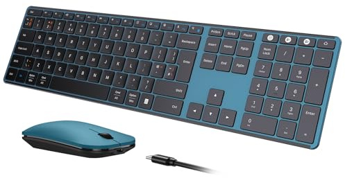 seenda Wireless Bluetooth Keyboard Mouse, SKM64-3 Multi-Device Rechargeable Ultra Slim Wireless Mouse and Keyboard Set for Windows, Mac OS, Laptop, Tablet, iPad, QWERTY UK Layout, Black and Blue