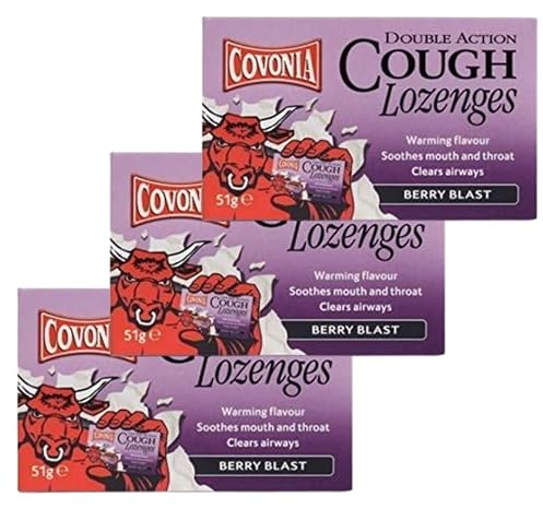 3X Covonia Double Impact Cough Lozenges Berry Blast 51 g – Fast-Acting Menthol & Eucalyptus Soothing Drops for Sore Throat & Dry Cough Relief, Sugar-Free| SterlingSquare