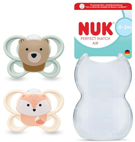 NUK Perfect Match Air Baby Schnuller | 0-2 Monate | Orthodontische Schnuller, die Luftzirkulation fördern & Speichel-Ausschlag verhindern | 95% Baby-Akzeptanz** | Fuchs/Bär | 2 Stück