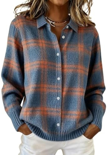 Cárdigan de algodón con botones y estampado a cuadros para mujer, suéter corto de punto a cuadros para mujer, camisas y suéteres, azul, S