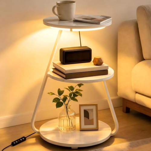 ARTETHYS Side Table, Small Round Coffee Table, White Marble | 3 Color LED Lights, Bedside Sofa Side Tables for Living Room, 3 Tier Storage Shelves, End Tables with Adjustable Feet