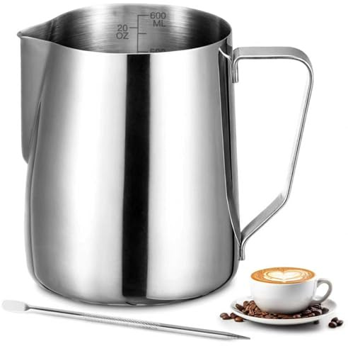 UMUACCAN Jarra de leche – 600 ml/20 oz acero inoxidable con medición Mark y Latte Art Pen, café creamer leche espumador jarra jarra para capuchino, espresso, arte latte, perfecto