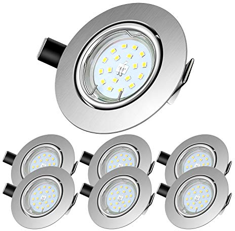 LED Einbaustrahler schwenkbar inkl. 6 x 5W Leuchtmittel GU10,600 Lumen,Warmweiß LED Einbauleuchte 2700 Kelvin,120° Abstrahlwinkel,Deckeneinbaustrahler,6 er Pack 2700K Rund Metall Nickel Gebürstet