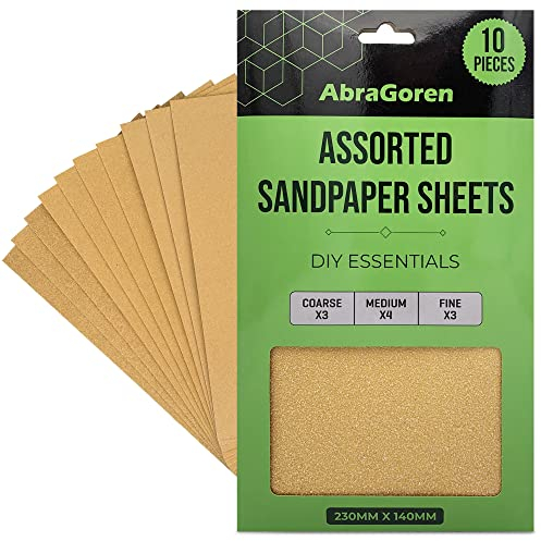 Paquete de 10 hojas de papel de lija – grano mixto, 3x fino, 4x mediano, 3x grueso – papel de lija surtido para madera y paredes