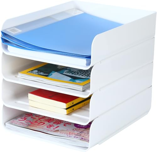 Paquete de 4 bandejas de papel apilables, organizador de bandejas de cartas, organizador de escritorio de oficina, soporte de papel A4, revistas de suministros, documentos de archivo, recibos (blanco)