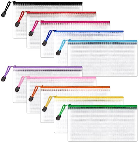 Clear Pencil Case Zipper File Bags, 10PCS Mesh Pencil Pouch Plastic Zip Wallets Folders Waterproof Travel Storage Pouch for Exams, Bills, Cosmetics, School Supplies and Travel Accessories, 10 Colours