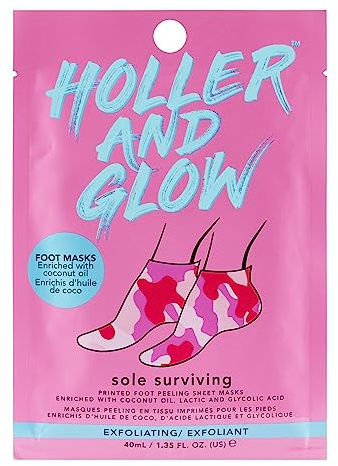 Holler And Glow Sole Surviving Peeling Foot Masks, Exfoliating & Moisturising Pink Camouflage Socks with Coconut Oil, Lactic Acid & AHAs for Smooth, Soft & Nourished Feet, 40 ML
