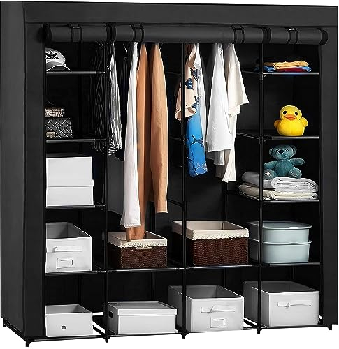 Retoo Kleiderschrank Einfach aus Stoff, Faltschrank mit Reißverschluss Stoffschrank Kleiderschrank mit 2 Kleiderstange und Ablagen, Faltbare Garderobe für Schlafzimmer, 45x170x170cm