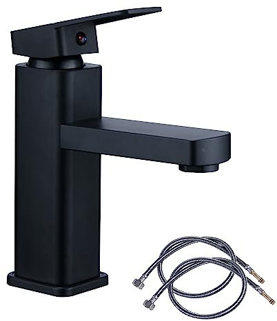 Black Bathroom Basin Tap Washroom Hot and Cold Mixer Tap Single Lever Bathroom Sink Faucet with 80CM UK Standard Hoses