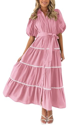 PRETTYGARDEN Women's Summer Button Down Shirt Dress Short Puffy Sleeve Tiered Ruffle Flowy Long Maxi Dresses (Pink,Medium)
