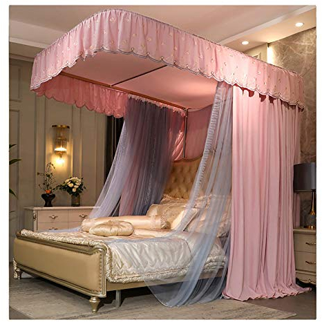 4-Eckpfosten-Prinzessin-Bettvorhang-Baldachin für Mädchenbettdekoration, 3 Öffnungen, Moskitonetz für Kingsize-Bett und großes Queensize-Bett, mit U-förmiger Halterung (Größe: 180 x 220 x 21