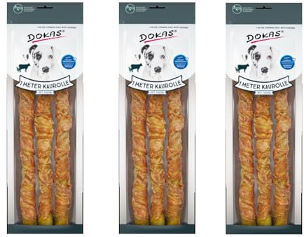 Dokas Dog 1 mètre bâton à mâcher avec poulet | Pack de 3 | 3 x 315 g | Complément alimentaire pour chiens | Plaisir de mâcher longue durée à base de peau de bœuf enrobée de filet de poitrine de poulet