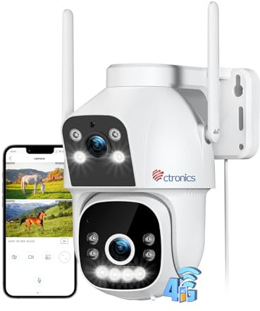 Ctronics 4G LTE Camara Vigilancia Exterior【Vinculación de Doble Lente】 Camara Vigilancia Tarjeta Sim Detección Humana, Visión Nocturna Colorida, Camara con SIM, PC/24 * 7/IP66