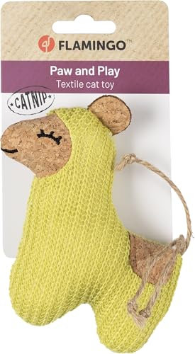 Flamingo Katzenspielzeug – Lemmo Lama – 12cm – Textil – Korkoptik – mit Catnip & Bändern – grün – weiches Katzenspielzeug