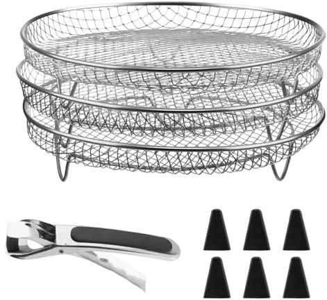 3-tlg. 304 Edelstahl Stapelbare Körbe für Airfryer, PHMING Gitter für Heißluftfritteuse, Heißluftfritteuse Racks mit Erhöhten Silikonfüßen & Verbrühschutzclip, Praktisches Zubehör für Airfryer