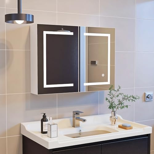 TIMORWTF Armoire Espejo de Baño con Iluminación LED y Interruptor Táctil, Puerta Doble, 80x13.5x60 cm, 3 Colores y Atenuable, Armoire Tocador Espejo con Estantería Ajustable, Blanco