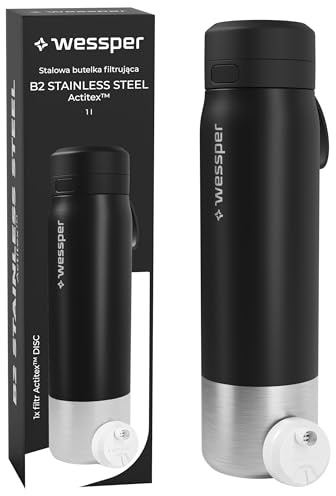Wessper stålvattenflaska med vattenfilter 1000 ml, BPA-fri, termosflaska med skivvattenfilter, dryckesflaska idealisk för sport, cykling, fitness- Svart