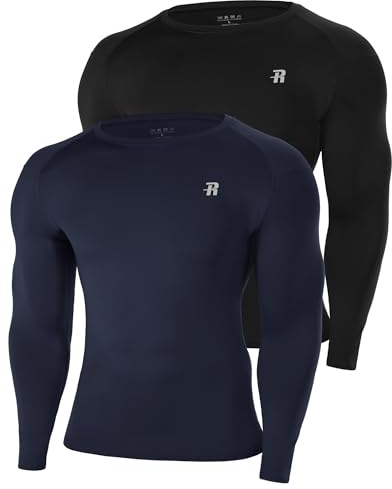 Runhit Men's Compression Long Sleeve Top, 2 Pack Thermal Base Layer Shirts Breathable Undershirt for Cycling Football Outdoor Sports Black+Navy Blue M