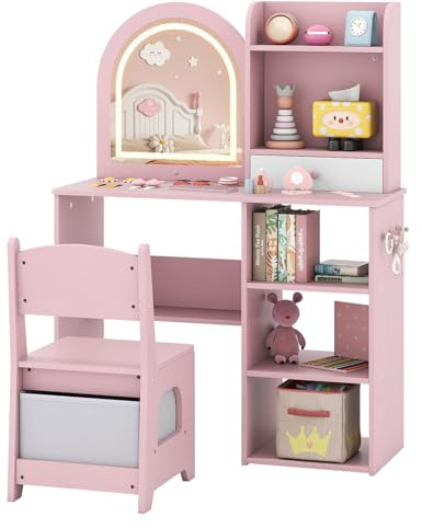 COSTWAY Kids Dressing Table, Girls Vanity Set with Stool, 3-Color LED Lights Mirror, Storage Shelves, Fabric Drawer, Make Up Pretend Dresser Desk Chair Set for Toddlers (Pink)