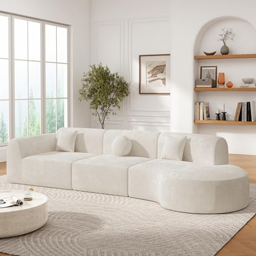 Merax 140 Curved Polyester Sectional Sofa Set, Modern Cloud Couch with Chaise Lounge & 3 Pillows, Fully Assembled for Living Room, Beige