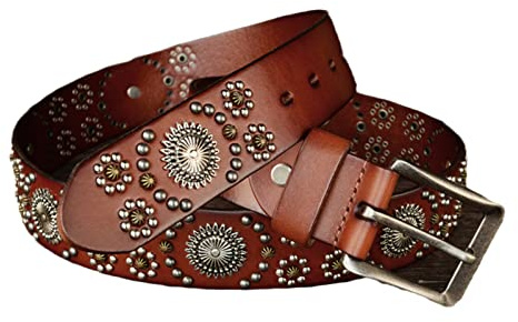 Unisex Nitbälte - Metallpunk Gotisk Rocknit, Ljusa Pärlor, Äkta Läder, 38 Mm Brett, Metallspänne For Punkjeans(Brown,120cm/waist:40~42)