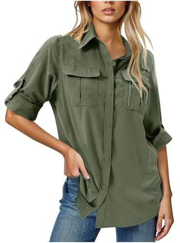 HAOLEI Womens Long Sleeve Shirts Sun Protection Hiking Fishing Tops UPF 50+ UV Lightweight Quick-Dry Outdoor Safari Shirts Button Up Travel Outfits Ladies Blouses with Pockets Army Green