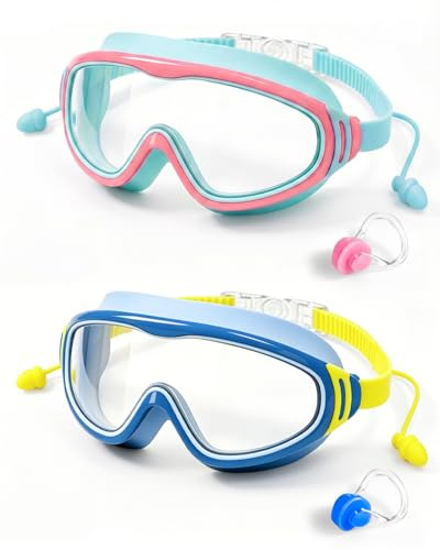 Marais 2 Pack Kids Swimming Goggles 4-16 Years Wide Clear View, Soft Silicone Adjustable Anti-Fog Anti-UV with Ear&Nose Plug, Children's Goggles for Girls Boys