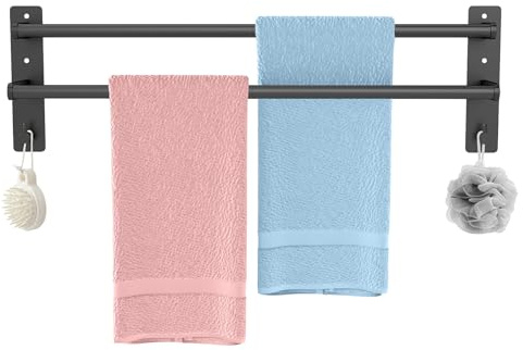 DBETHOM Self Adhesive Towel Rail Wall Mounted 60cm/24″ Black | Bathroom Holder & Rack Stick On, Rustproof Metal, No Drill or Screw Fix, Spacious Double Bar for Renters & Families Storage
