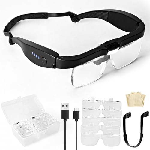 Lente Ingrandimento con Luce, Lente d'Ingrandimento per Archetto, con 5 lenti staccabili, con Luce 3 LED, Occhiali Ingrandimento Professionali per Modellismo,Riparazione Orologi,Ricamo,Dentista