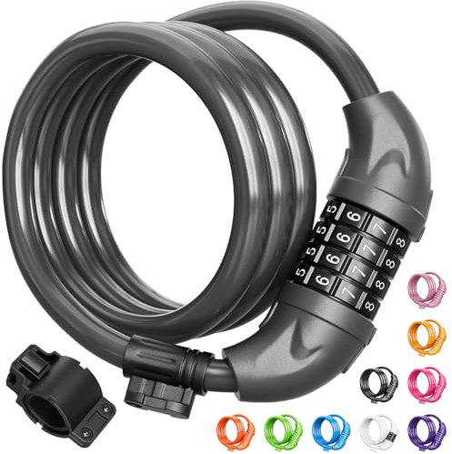 Titanker Bike Lock, Bicycle Lock 4 Feet Cable Lock 1/2 Inch Resettable Bike Locks Combination with Mounting Bracket, Bike Accessories for Bicycle, Electric Scooter, Motorcycle, Gray