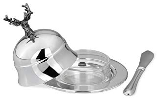 Butterdose Hirsch, mit Glaseinsatz (50ml), Deckel & Buttermesser, versilbert, H 10,0cm, D 11,0cm, Länge Buttermesser: 13,5cm, Glas-D 6,0cm, Glas-H 2,8cm