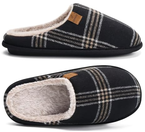 COFACE Mens Black Flano Plaid Cozy Memory Foam scuff Slippers Slip On Warm House Shoes Indoor/Outdoor With Best Arch Support Size 11