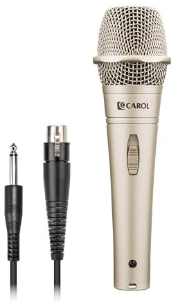 CAROL E dur-916S Golden XLR Wired Vocal Microphone for Singing – Dynamic Supercardioid Mic with Dual Shock Mount System for Karaoke, Stage & Public Speaking, Includes Mic, 4.5m XLR Cable & Switch
