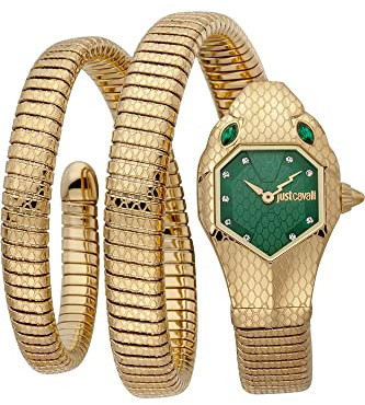 Just Cavalli Signature Snake Schlange Doppel - Damen Quarz Armbanduhr Fashion Armband und Gehäuse aus Edelstahl flexibel mit analoger Anzeige, Goldfarben Grün, misura unica, Mode