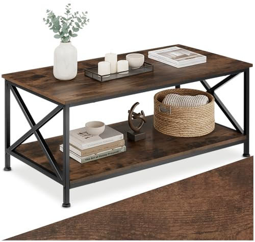 tectake® Couchtisch Holz und Metall, Wohnzimmertisch 100 x 55 x 45,5 cm, Couchtisch mit Stauraum Sofatisch mit 2 Ablagen, Beistelltisch Couch, Coffee Table - Industrial Holz dunkel, rustikal